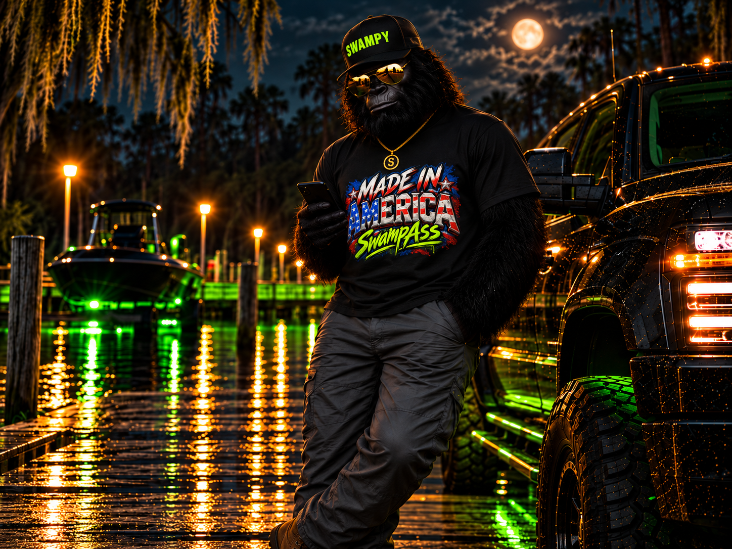 Lifted truck with American flag at sunset